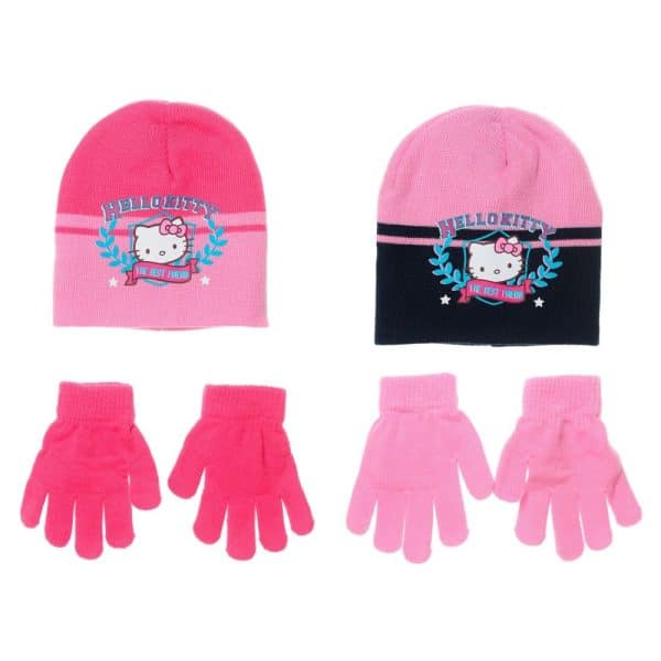 Conjunto de gorros y guantes de Hello Kitty en rosa y azul para niños.
