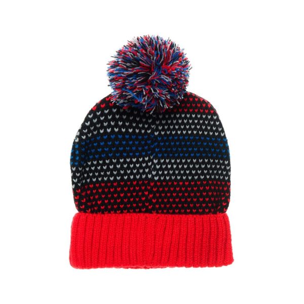 Gorro de lana con pompón en colores rojo, negro, azul y gris.