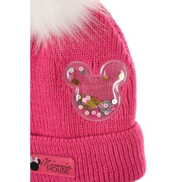Gorro rosa con lazo de Minnie Mouse y detalles de purpurina.