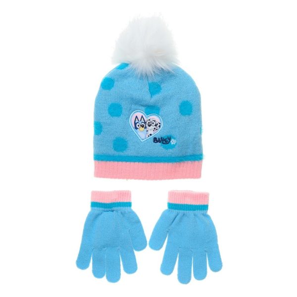 Gorro y guantes infantiles en azul con detalles en rosa y pompón blanco.