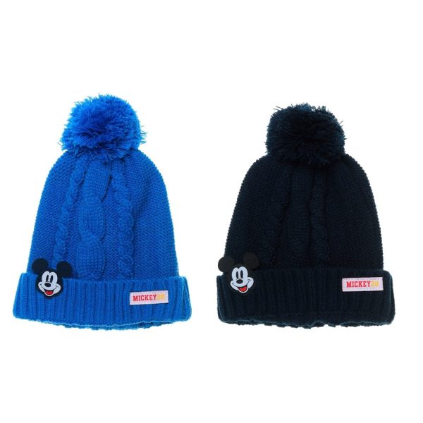 Gorros de lana con Mickey Mouse en azul y negro para niños.