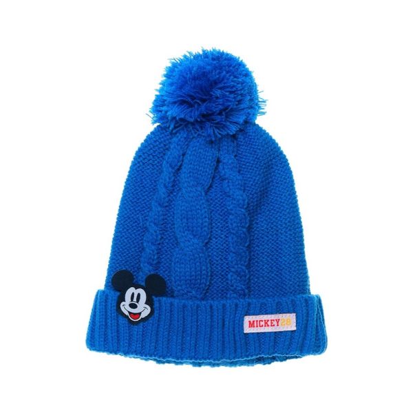 Gorro azul de lana con pompón y Mickey Mouse para niños en Ropa La Giralda.