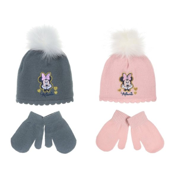Gorros y guantes infantiles de invierno con diseño de Minnie Mouse y pompón.