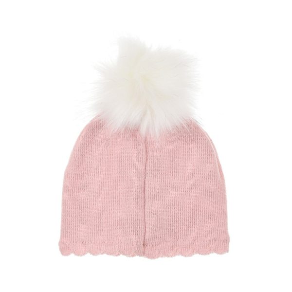 Gorro de punto rosa con pompón de peluche blanco para mujer.