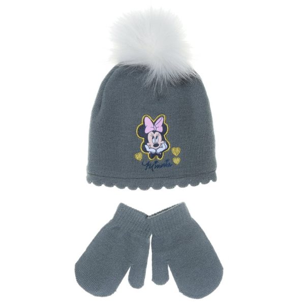 Gorro y guantes de lana gris con bordado de Minnie Mouse y pompón de peluche.