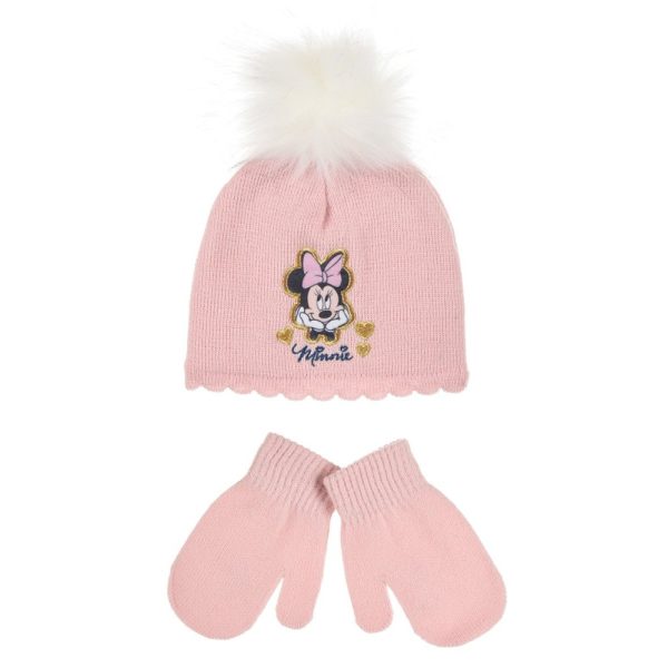 Gorro y guantes de lana rosa con Minnie Mouse y pompón blanco.