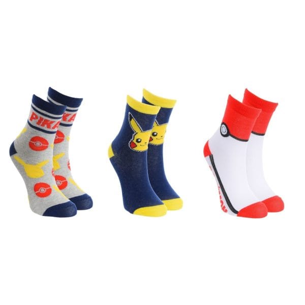 Tres pares de calcetines de Pokémon y Pikachu en diferentes colores y diseños.