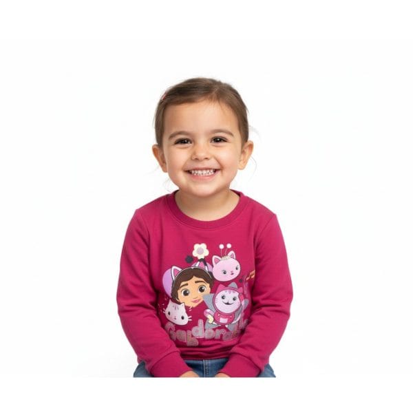 Niña sonriendo con sudadera rosa con personajes de dibujos animados.