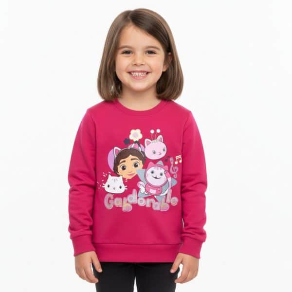 Niña con sudadera rosa de personajes de Gato Galáctico de Ropa La Giralda.