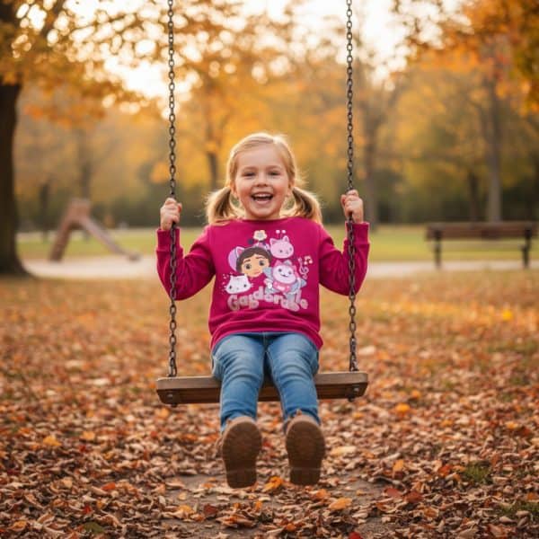 Niña sonriendo en columpio en parque con hojas de otoño.