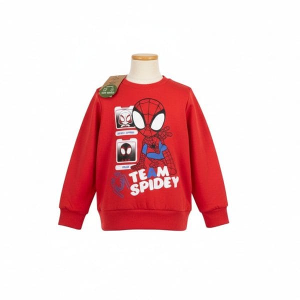Sudadera infantil roja con diseño de Spiderman y personajes de Marvel.