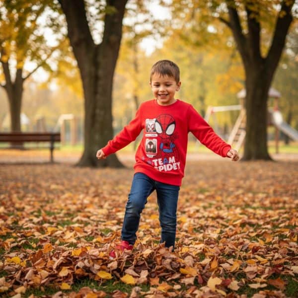 Niño feliz jugando en parque con hojas de otoño y ropa de Spider-Man.