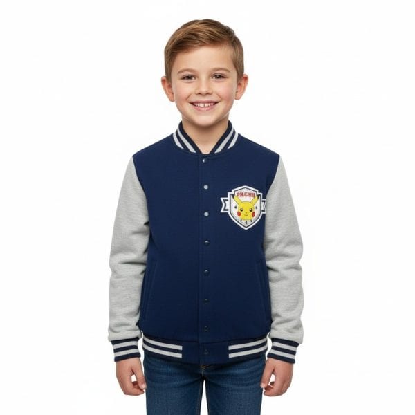 Niño con chaqueta azul y gris con logo de Pikachu en el pecho.
