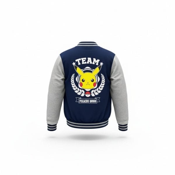 Chaqueta con diseño de Pikachu y texto Team en azul y gris.
