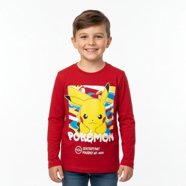 Niño con camiseta de Pokémon en fondo blanco, ropa infantil divertida y colorida.