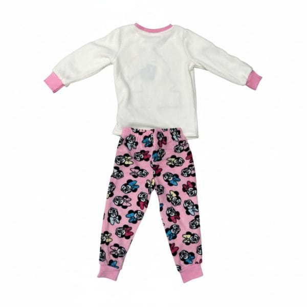 Conjunto de ropa infantil con sudadera blanca y pantalones con estampado de Minnie Mouse.