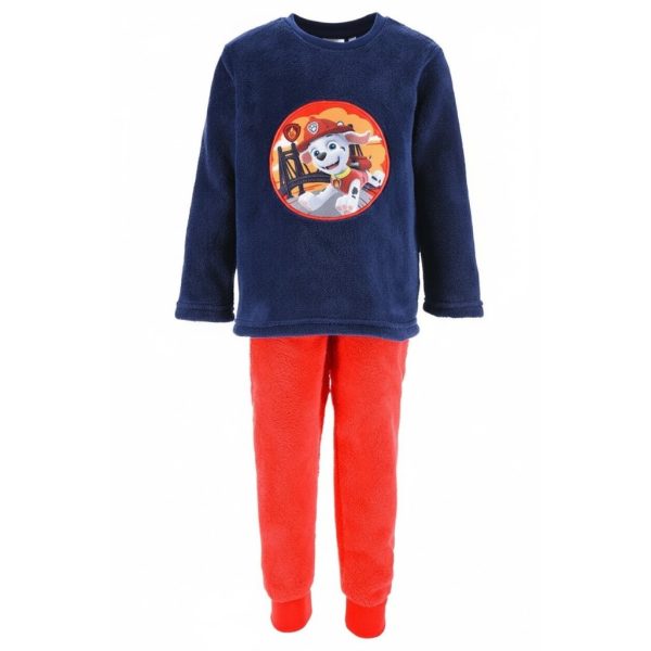 Conjunto de ropa infantil con sudadera azul y pantalones rojos de peluche.
