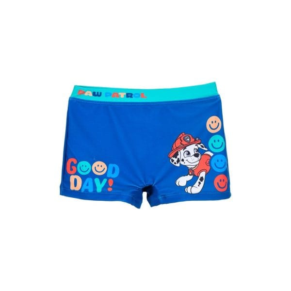 Bañador infantil con diseño de Paw Patrol y emoticonos en azul y rojo.