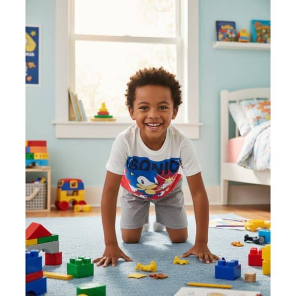 Niño feliz jugando con bloques de construcción en habitación infantil.