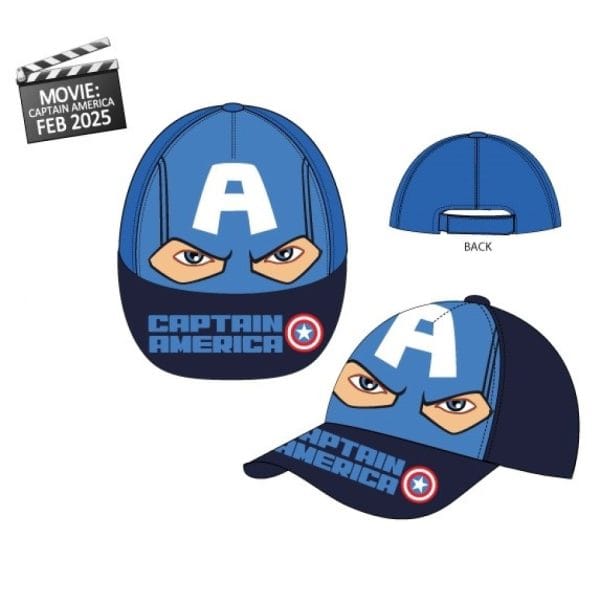 Gorra infantil de Capitán América con diseño de máscara y logo en azul y blanco.