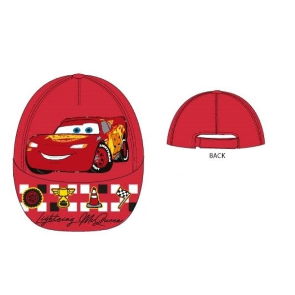 Gorra roja infantil con personaje de Cars y detalles de carreras.