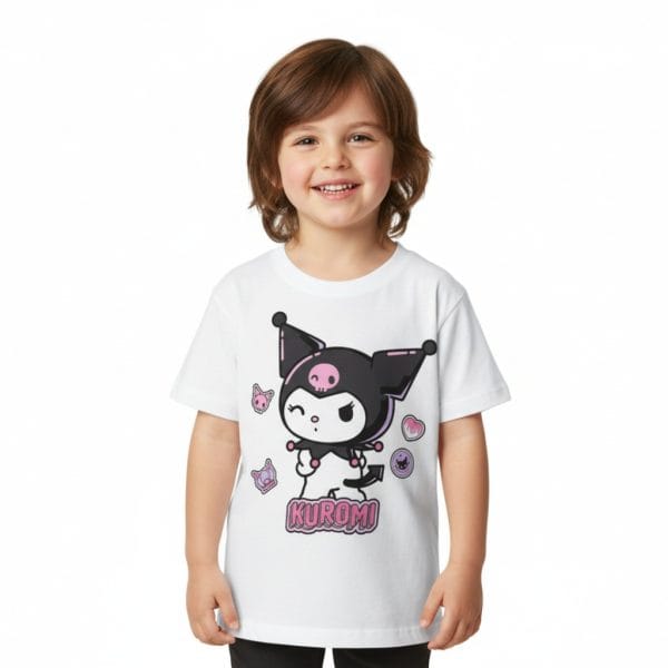 Niña con camiseta blanca de Kuromi, personaje de dibujos animados, sonriendo.
