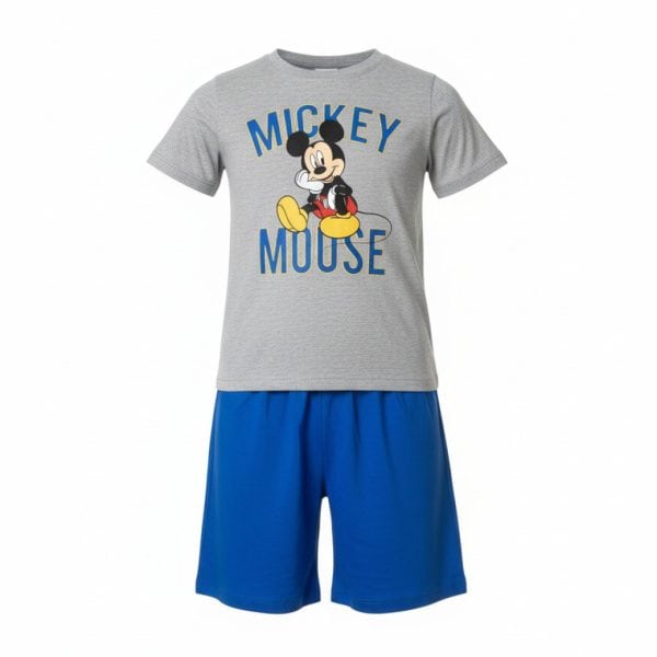 Conjunto infantil de camiseta gris con Mickey Mouse y pantalones cortos azules.