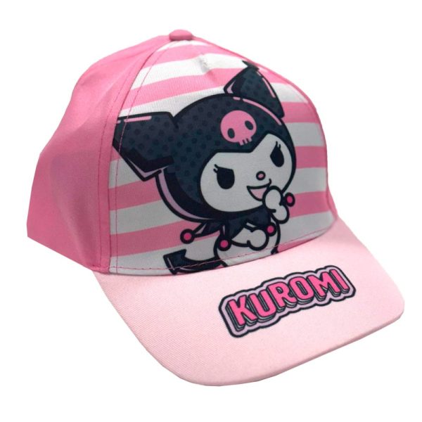 Gorra rosa con personaje Kuromi de Sanrio y rayas blancas y rosas.