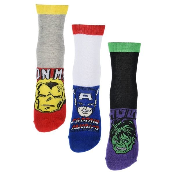 Calcetines de superhéroes de Marvel con personajes de Iron Man, Capitán América y Hulk.