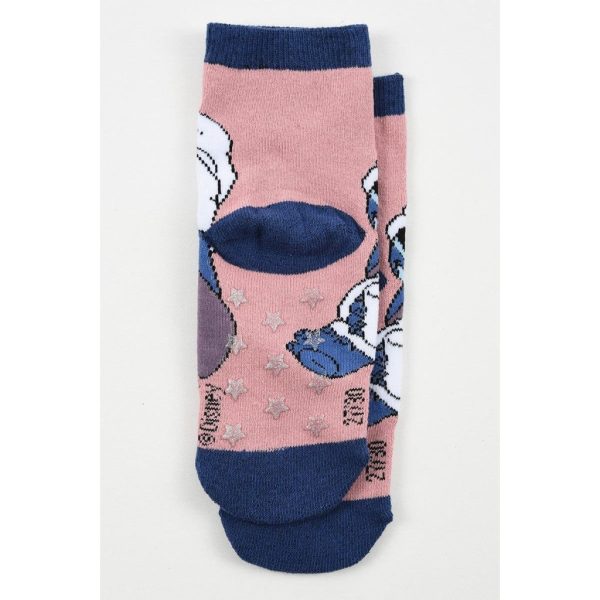 Calcetines de niña con diseño de personajes de dibujos animados en rosa y azul.
