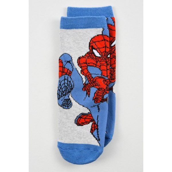Calcetines infantiles con diseño de Spider-Man en colores rojo, azul y gris.