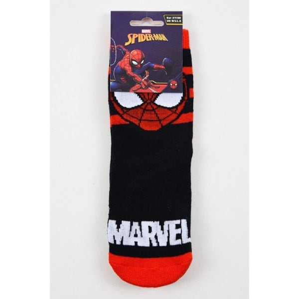 Calcetín de Spiderman y Marvel para niños, color negro y rojo, con logo.