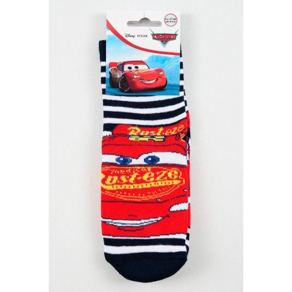 Calcetines de Disney Cars con personajes y rayas en colores rojo, azul y blanco.