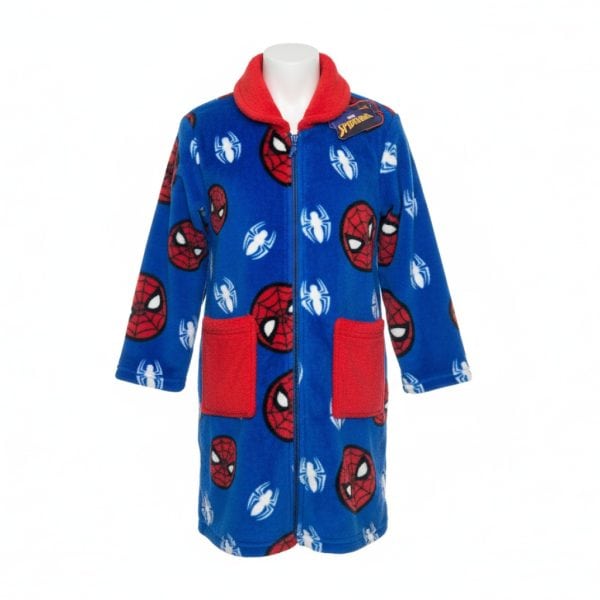 Abrigo infantil de felpa con diseño de Spider-Man y bolsillos rojos.