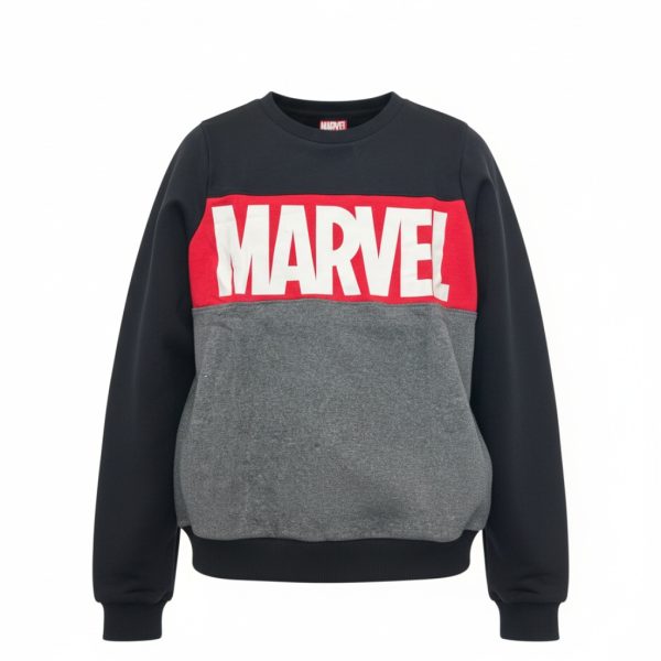 Sudadera Marvel con logo en rojo y gris oscuro para niños.