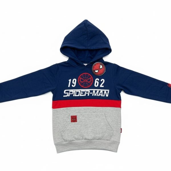 Sudadera infantil Spider-Man con capucha y detalles en rojo y gris.