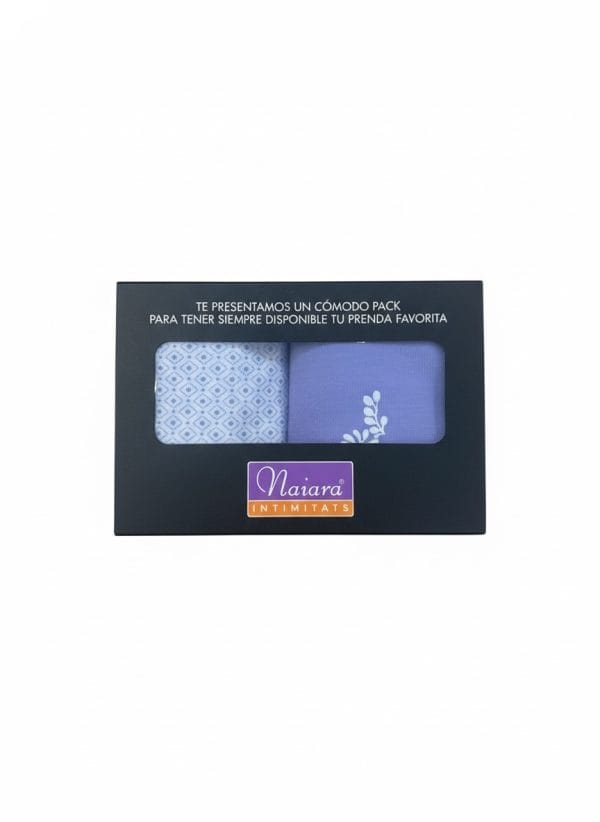 Pack de ropa interior cómoda de Naara Intimissimi en caja con diseño azul y blanco.