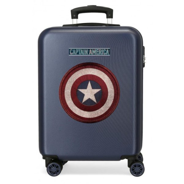 Maleta azul con escudo de Capitán América y etiqueta de 'Captain America'.