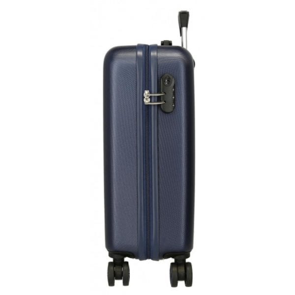 Maleta de cabina azul con ruedas y cerradura.