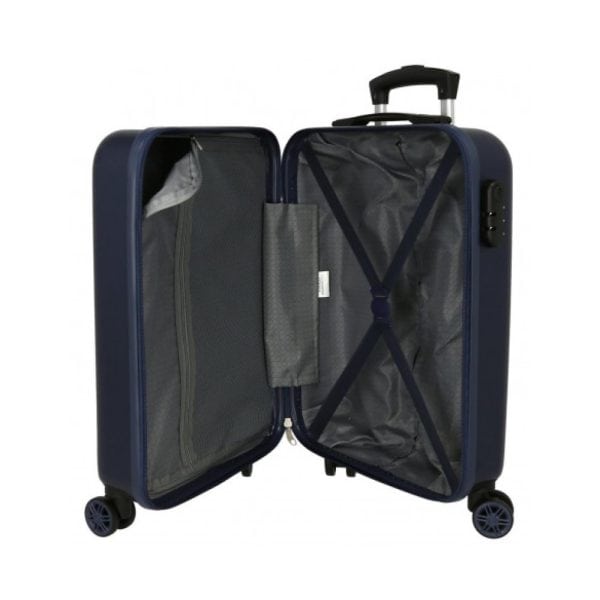 Maleta de viaje azul abierta con compartimentos y ruedas.