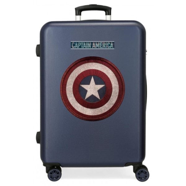 Maleta azul con escudo de Capitán América y etiqueta de 'Captain America'.