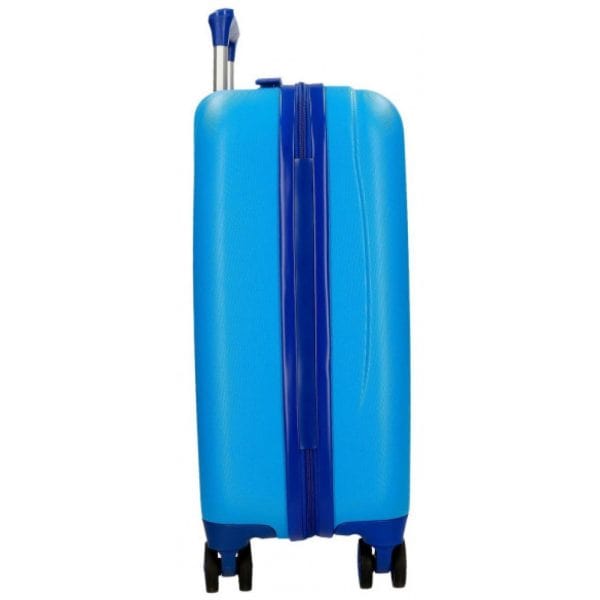 Maleta azul con ruedas y asa telescópica para viajes.