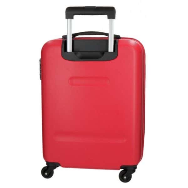 Maleta roja con ruedas y asa telescópica para viajes.