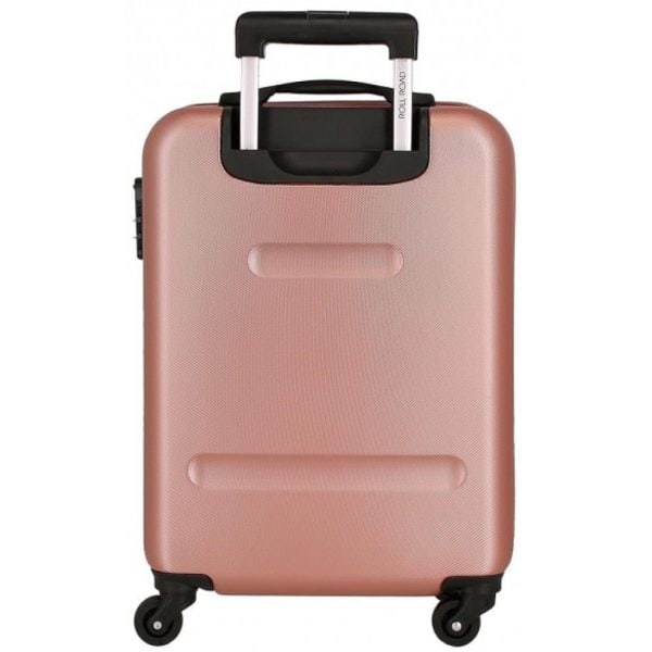 Maleta rosa con ruedas y asa telescópica para viajes.