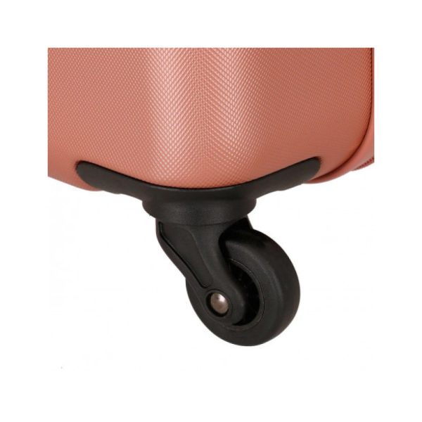 Rueda de maleta rosa con carcasa de plástico negro.