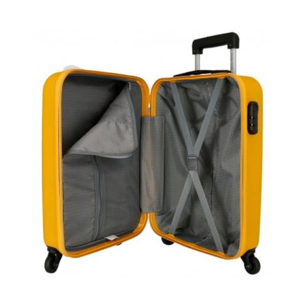 Maleta amarilla con interior gris y compartimentos para viaje.