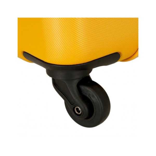 Rueda de equipaje amarilla con carcasa resistente y diseño compacto.