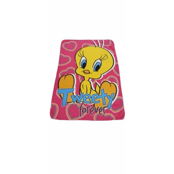 Manta de tela con imagen de Tweety y corazones en rosa.