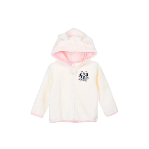 Chaqueta de bebé blanca con capucha y dibujo de Minnie Mouse en el pecho.