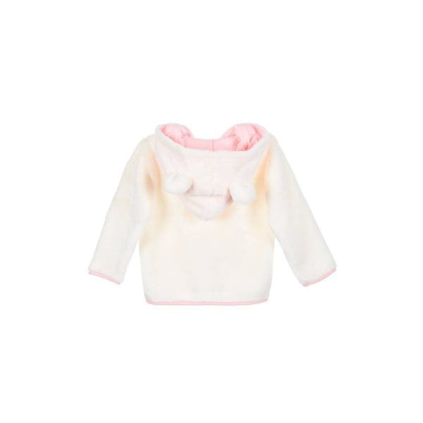 Chaqueta de bebé con capucha y orejas en color crema y rosa.